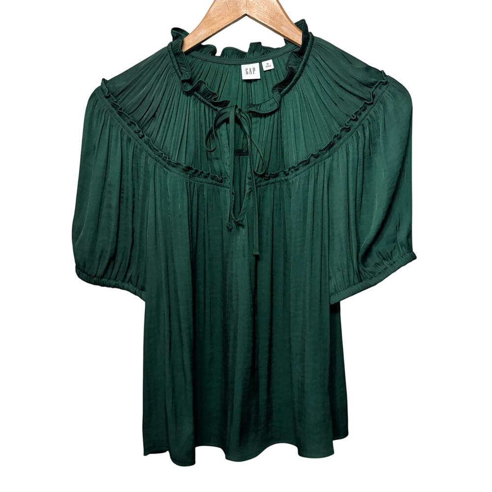 Gap Blouse Emerald Green Satin Keyhole Tie Short Sleeve Dressy Office Tunic M